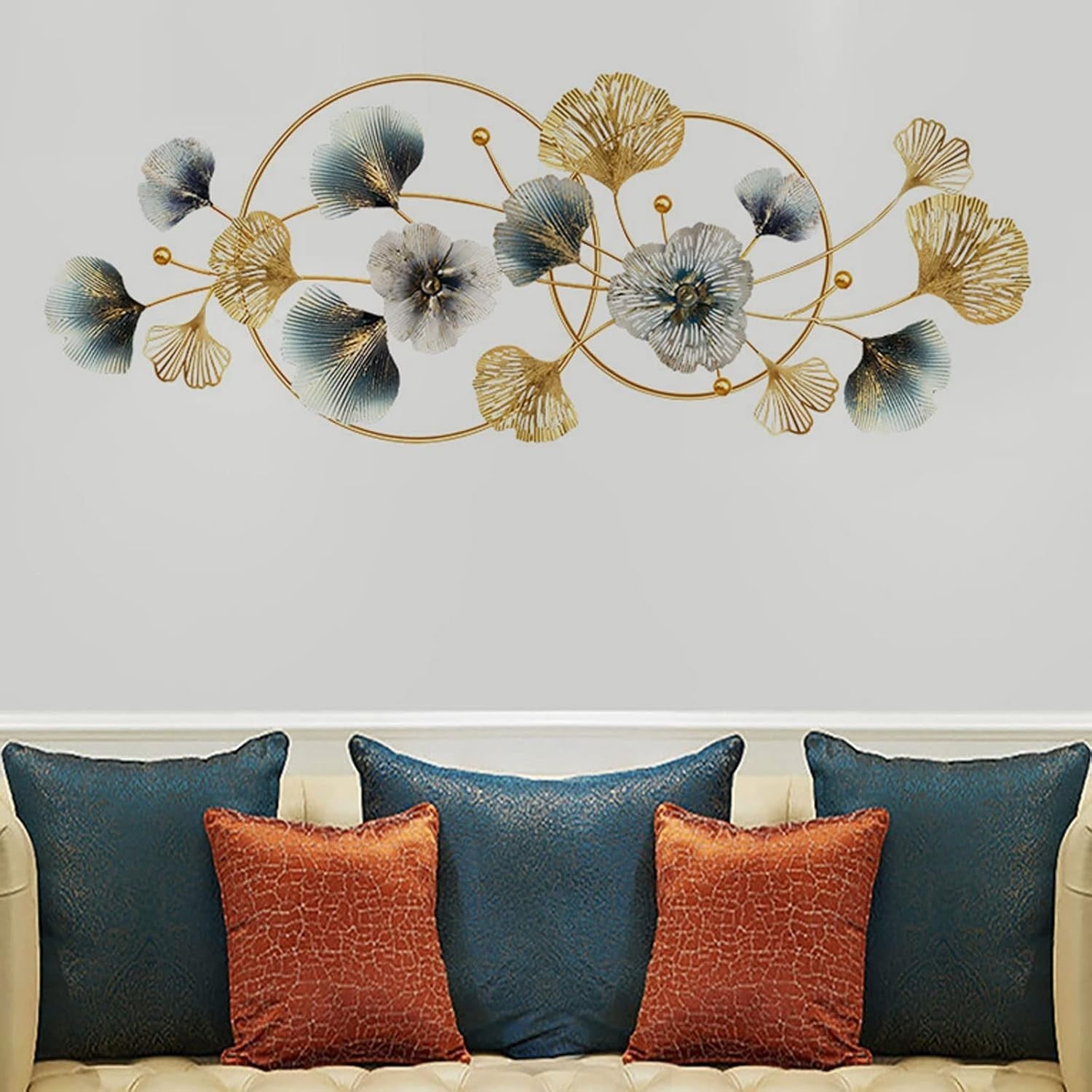 3D Gold Ginkgo Leaf Metal Wall Art 125x52cm Framed Decor