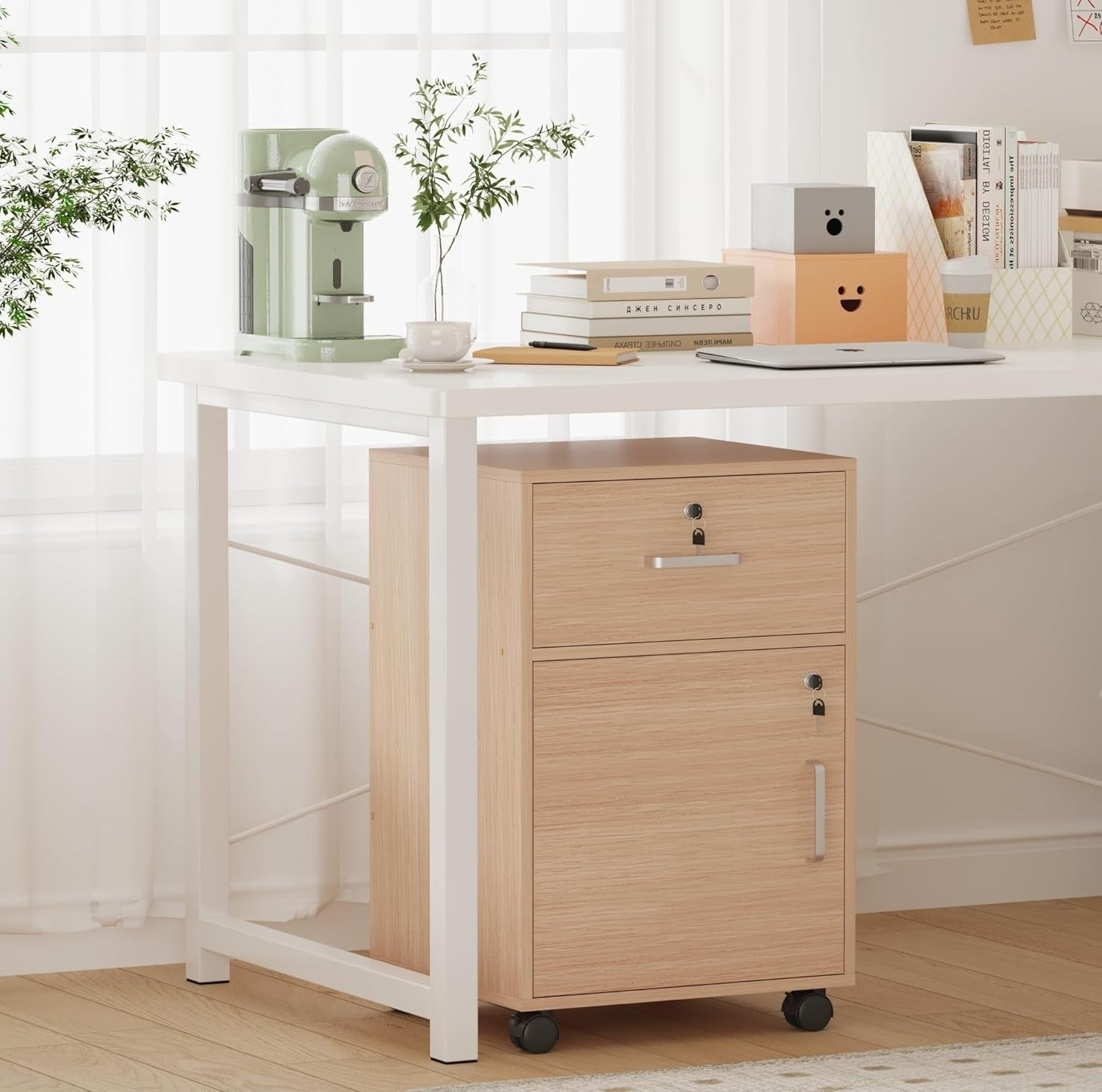 Walnut Locking Mobile File Cabinet Drawer Door Under Desk Storage