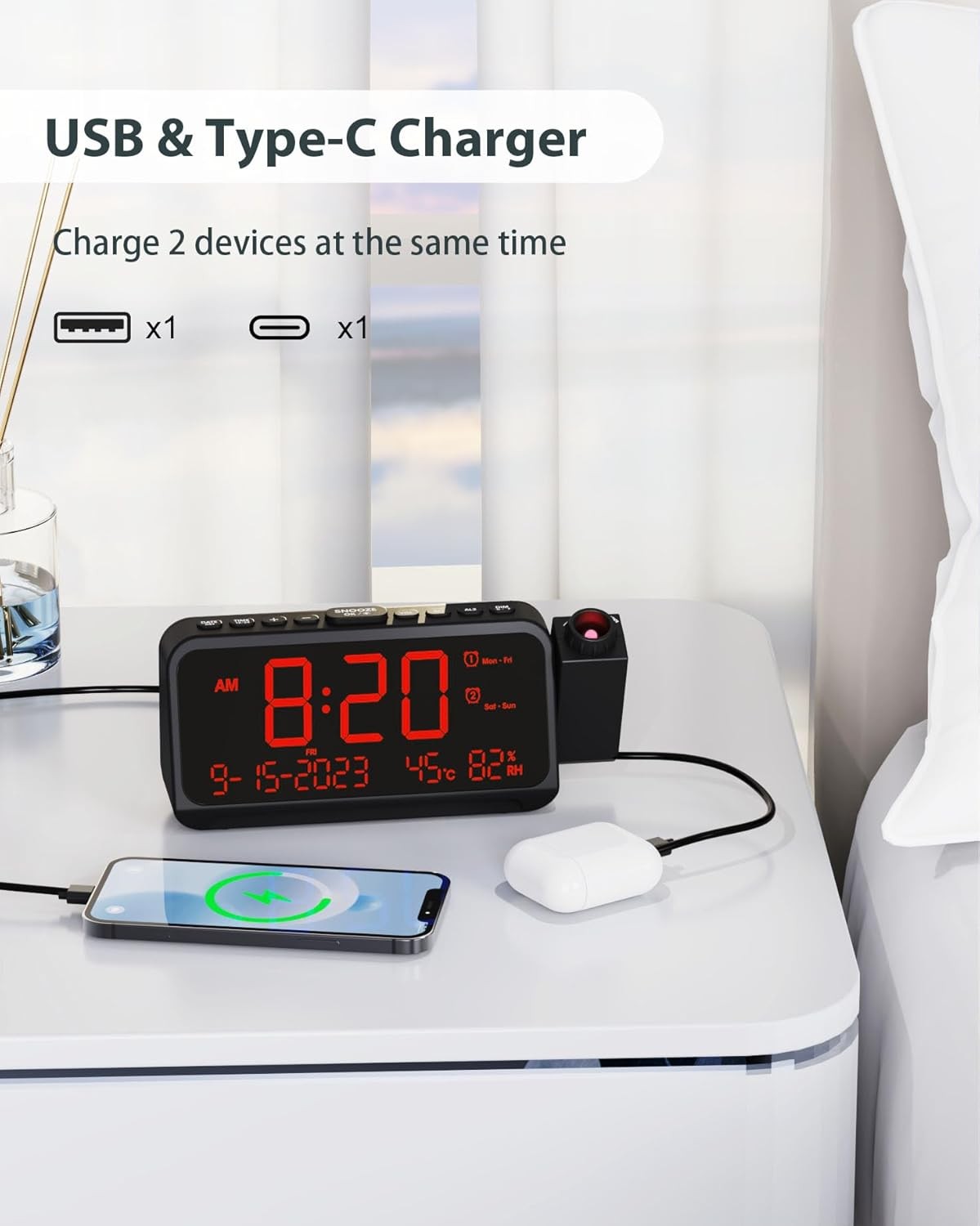Projection Alarm Clock Ceiling Large Display Dual Alarm Temp Humidity Loud