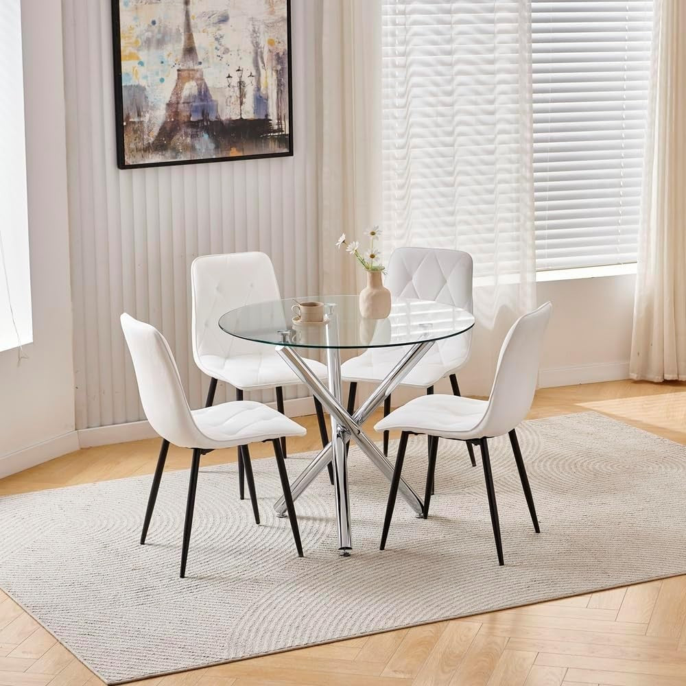 Round Glass Dining Table Set 4 White Velvet Chairs Modern Compact Kitchen
