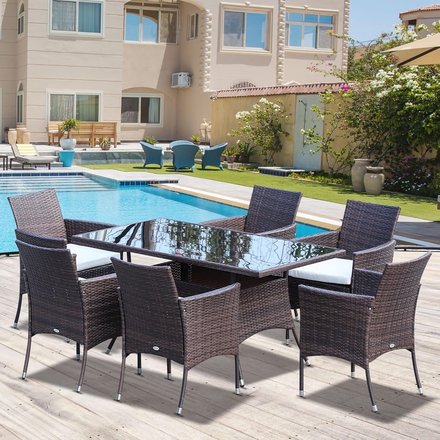 6 Seat Rattan Garden Dining Set w/ Cushions & Glass Table Patio Outdoor