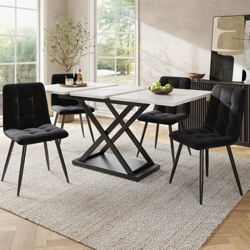 Extendable White Marble Dining Table Set 4 Velvet Chairs Modern 160cm
