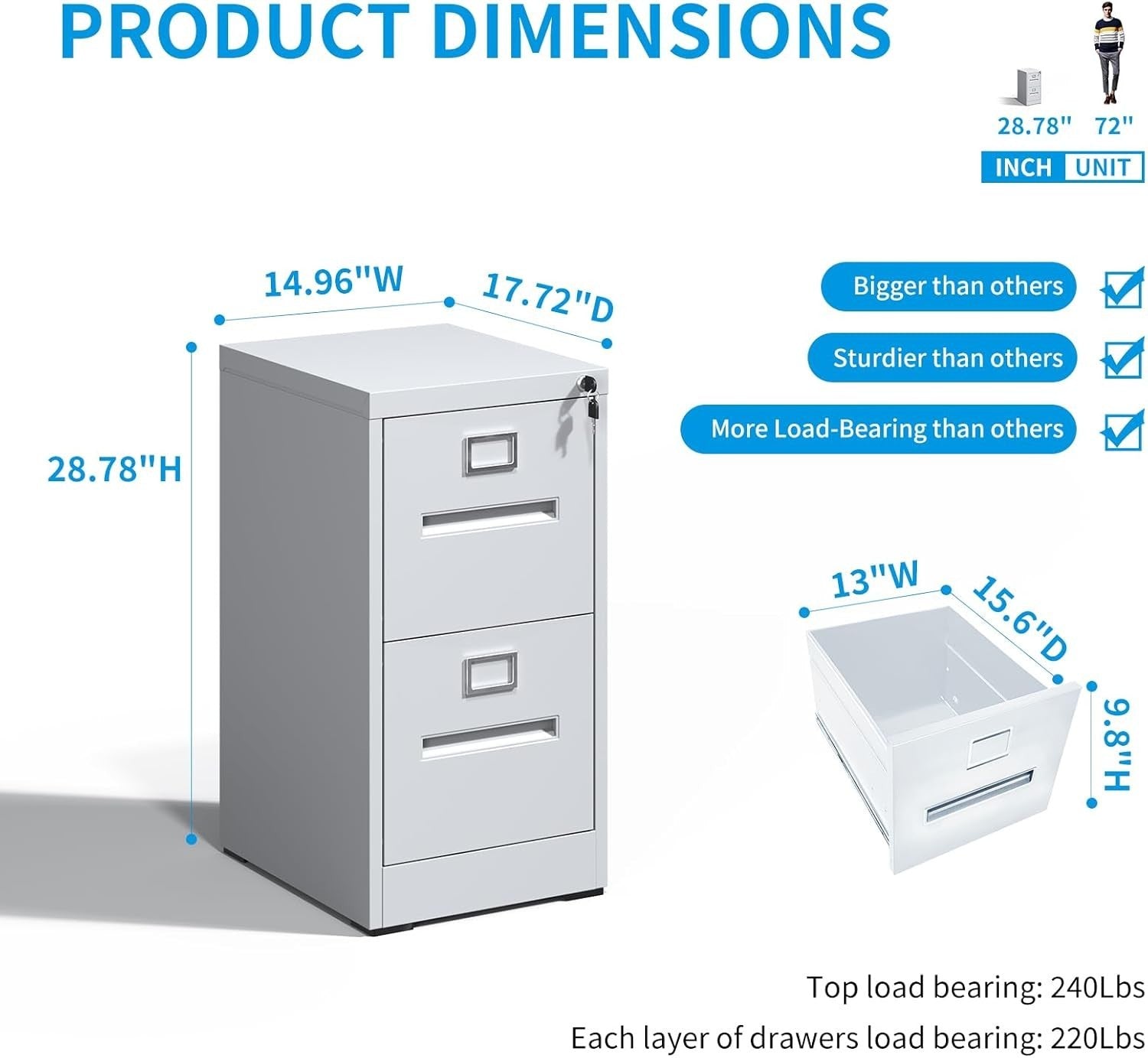 2 Drawer Metal Filing Cabinet Lockable Vertical HomeOffice Storage White