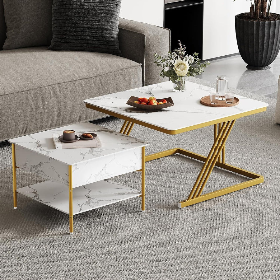 Nesting Coffee Table Set 2 Square Lift Top Storage Gold White Living Room
