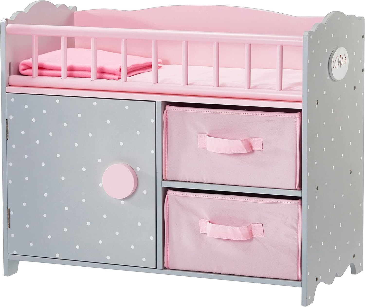 Wooden Baby Doll Cot w Storage Cushion Bedding Mobile Grey Pink 57x31x79cm