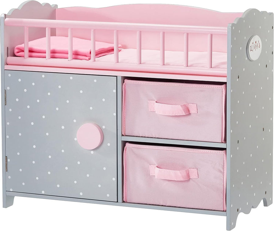 Wooden Baby Doll Cot w Storage Cushion Bedding Mobile Grey Pink 57x31x79cm