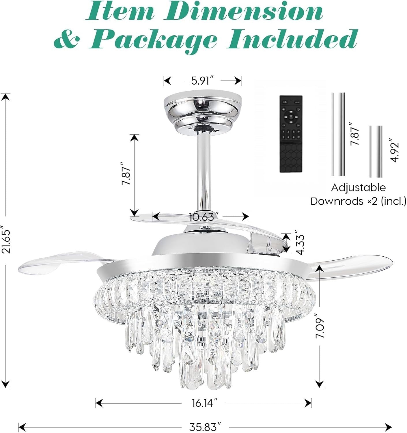 Crystal Ceiling Fan, 6 Speeds, Dimmable LED, Remote, Retractable