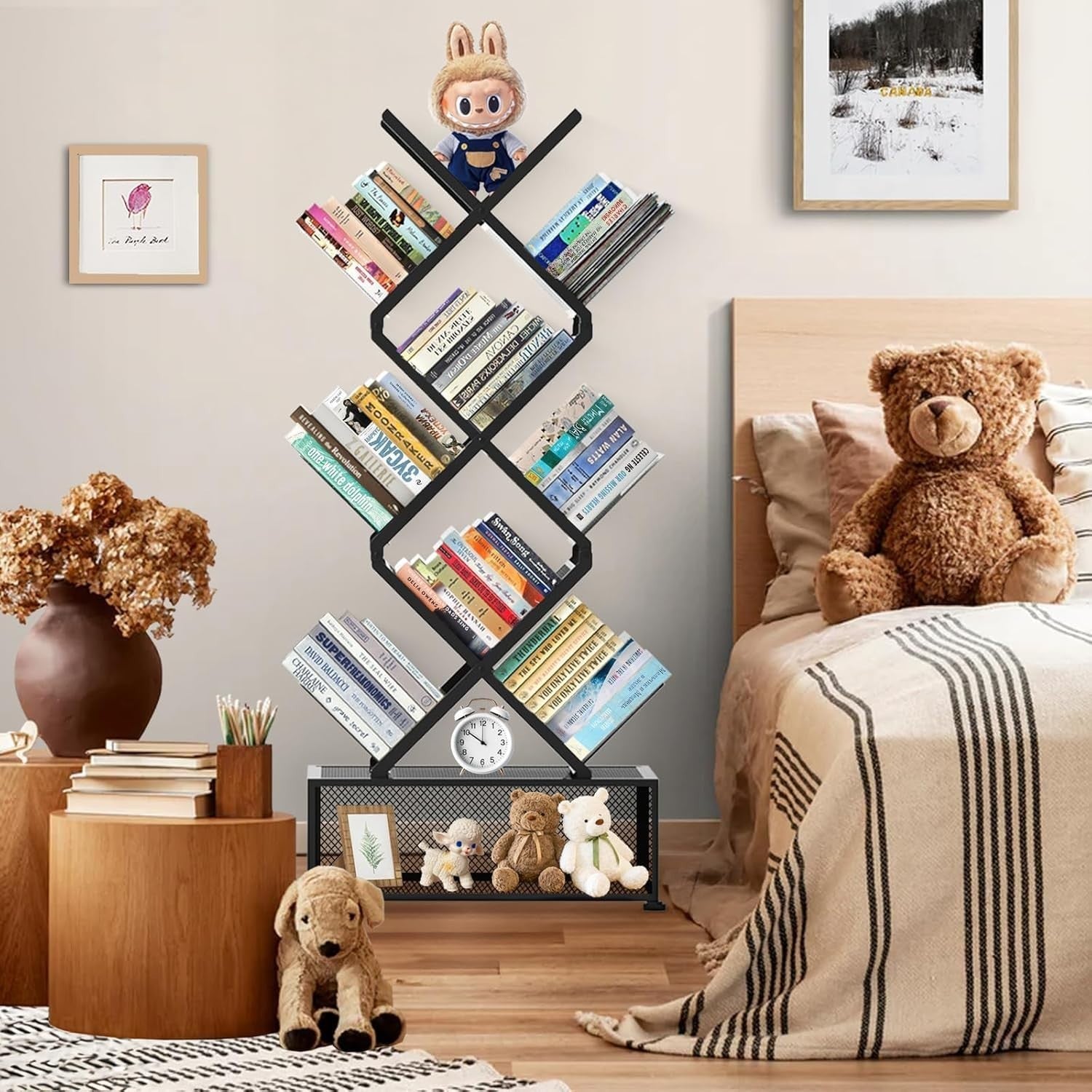 9 Tier Folding Tree Bookcase Metal Corner Bookshelf Free Standing Black