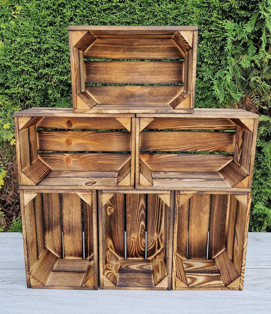 6-Piece Burnt Effect Wooden Storage Crates Organizer 30x20x15cm
