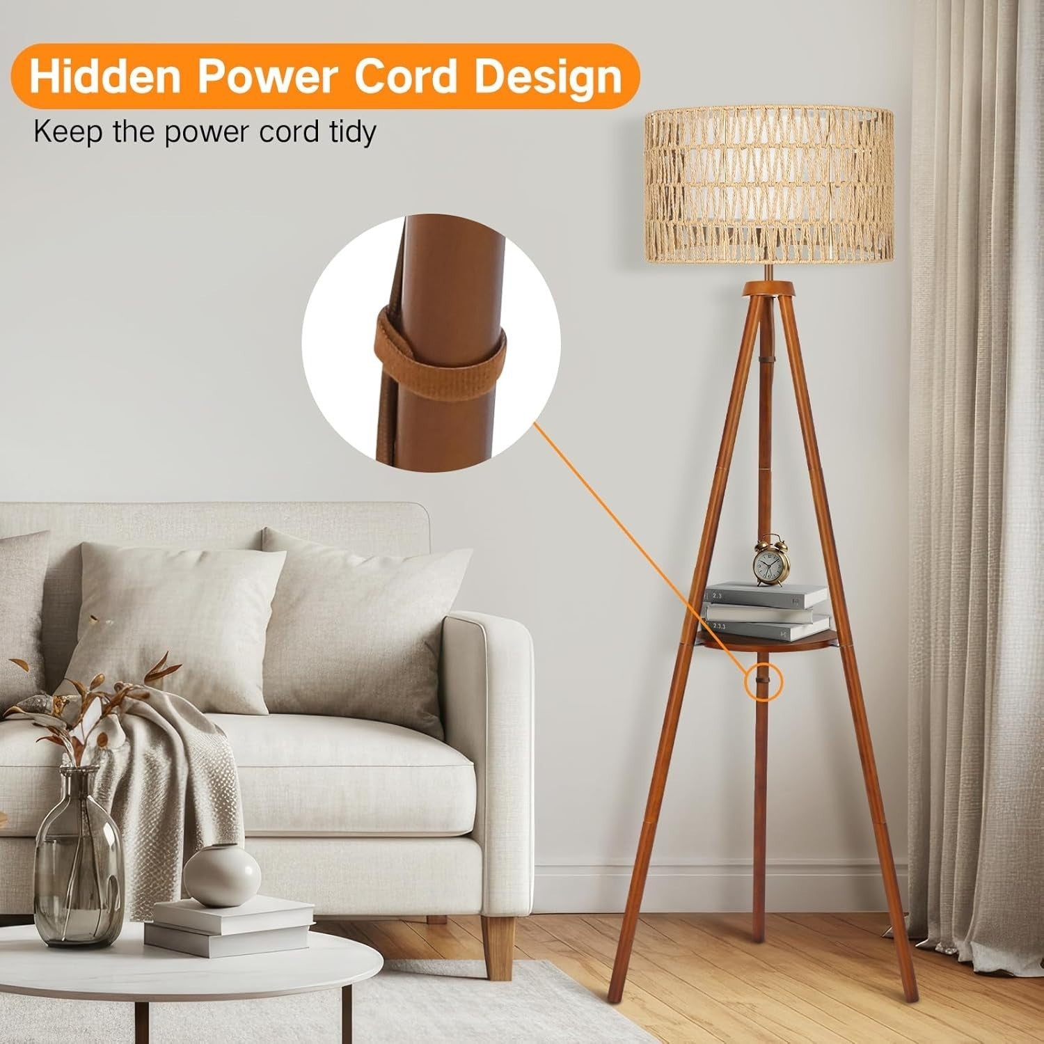 Wooden Tripod Floor Lamp Rattan Linen Double Shades Remote Dimmable 160cm