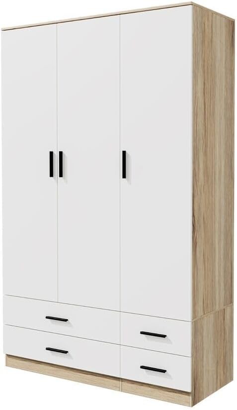 Oak & White 3 Door Wardrobe with 4 Drawers, Modern Bedroom Storage Unit