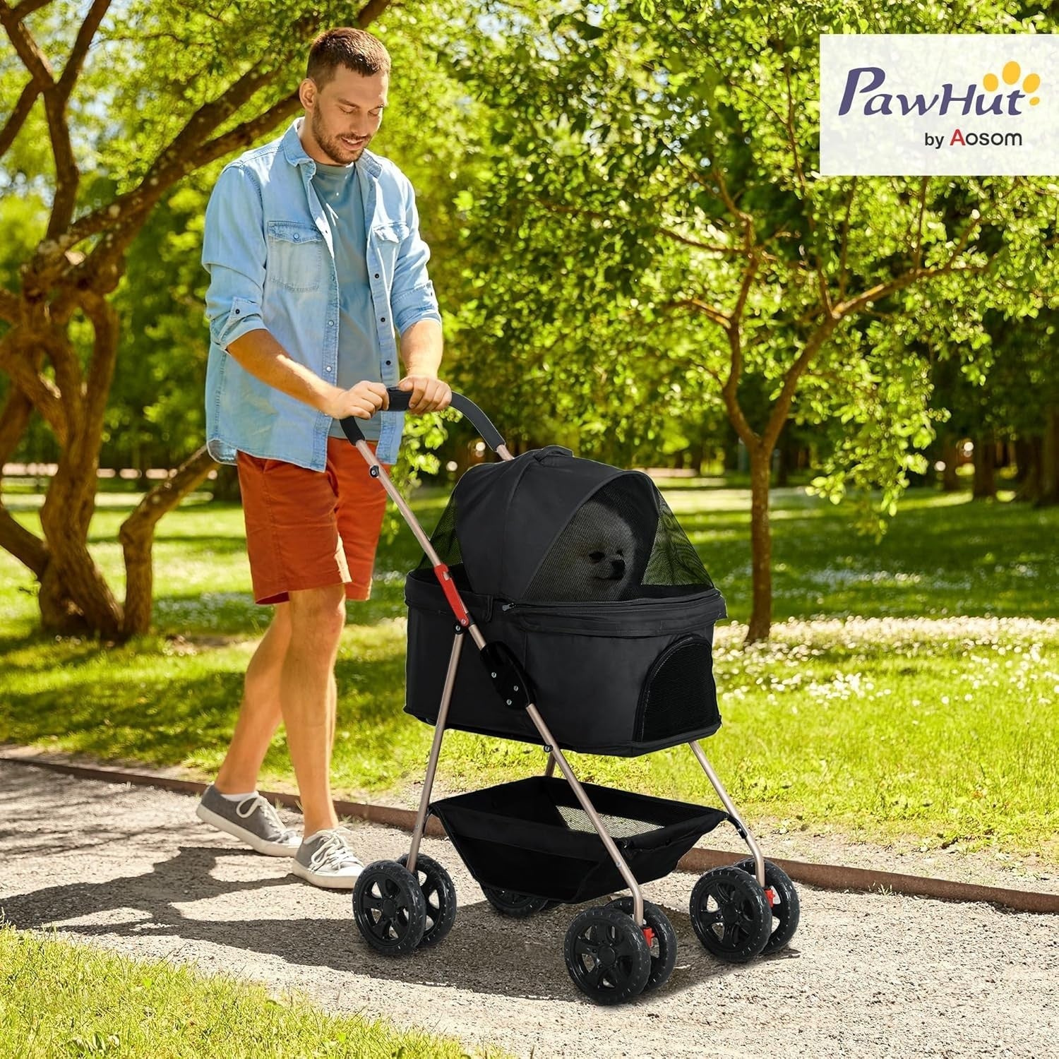 3 in 1 Pet Stroller Dog Pram Foldable Detachable Carrier Basket Black