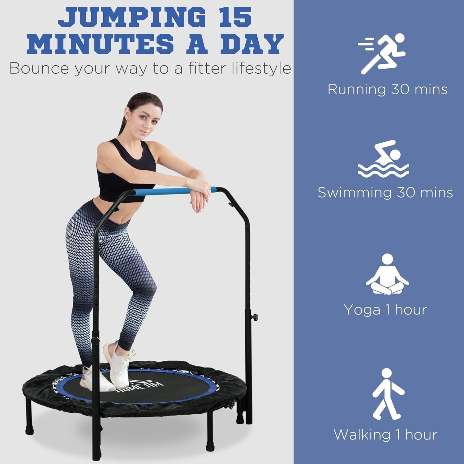 40in Foldable Fitness Rebounder Adjustable Handle Indoor Cardio 150KG