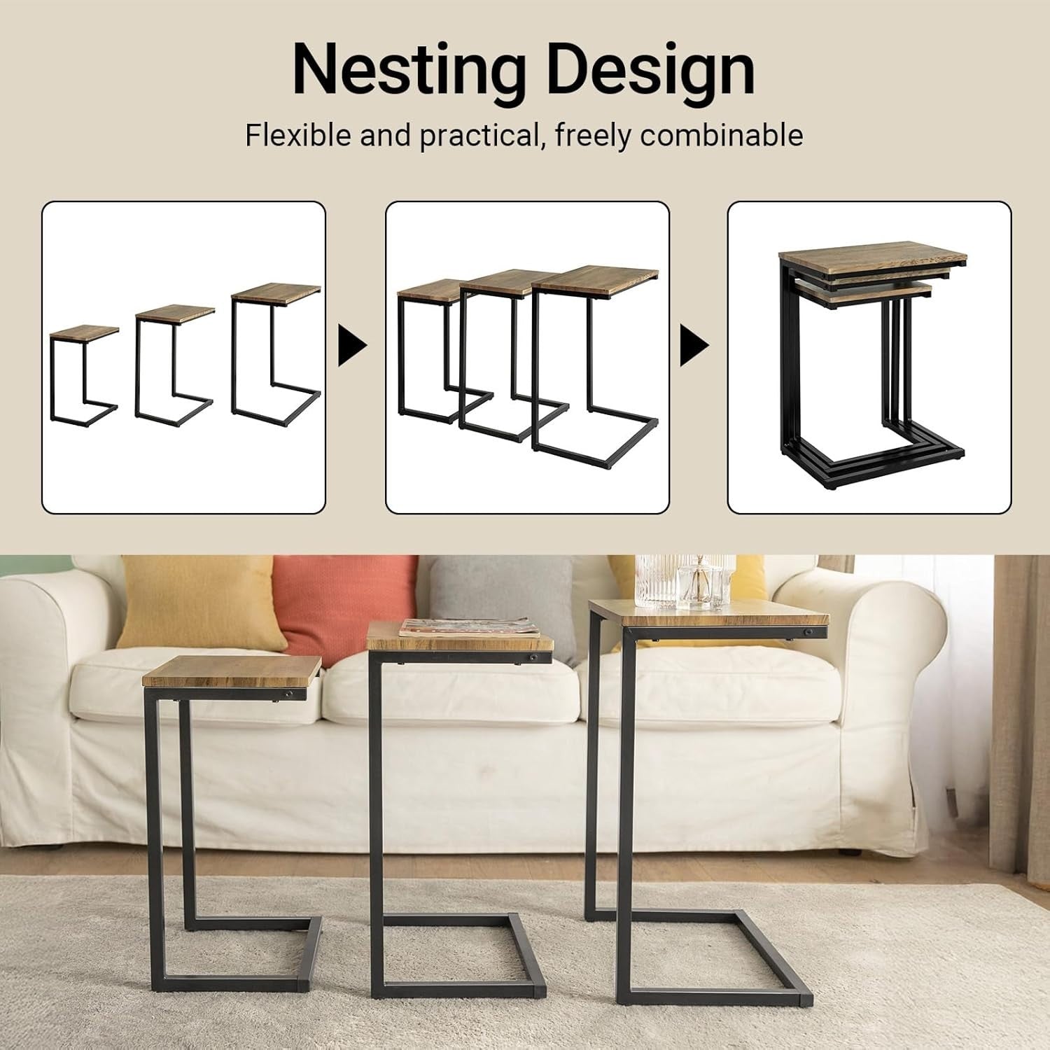 Space Saving Nesting Coffee Tables Set of 3 Engineered Wood & Metal Frame