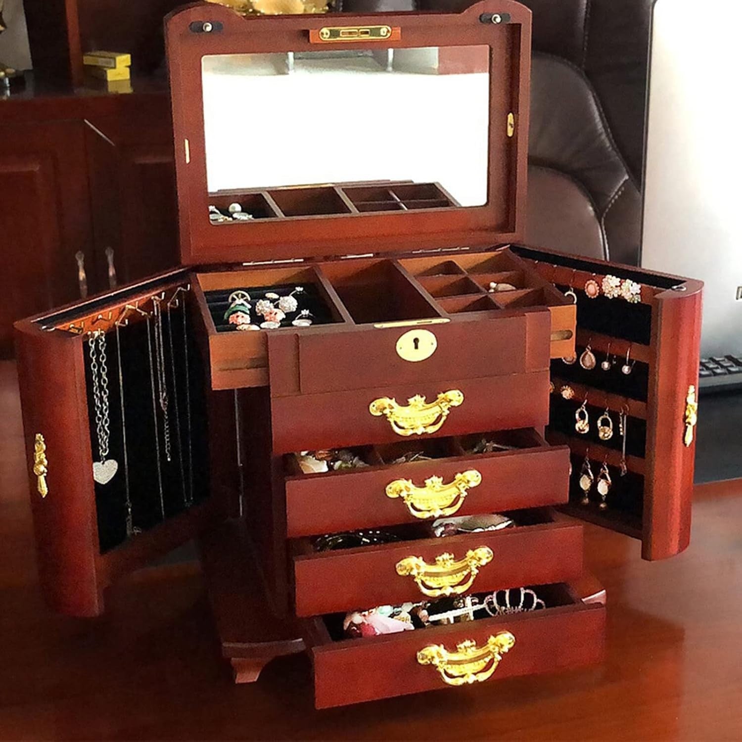 Wooden Jewelry Armoire Cabinet with Flip Top Mirror Drawers Side Doors
