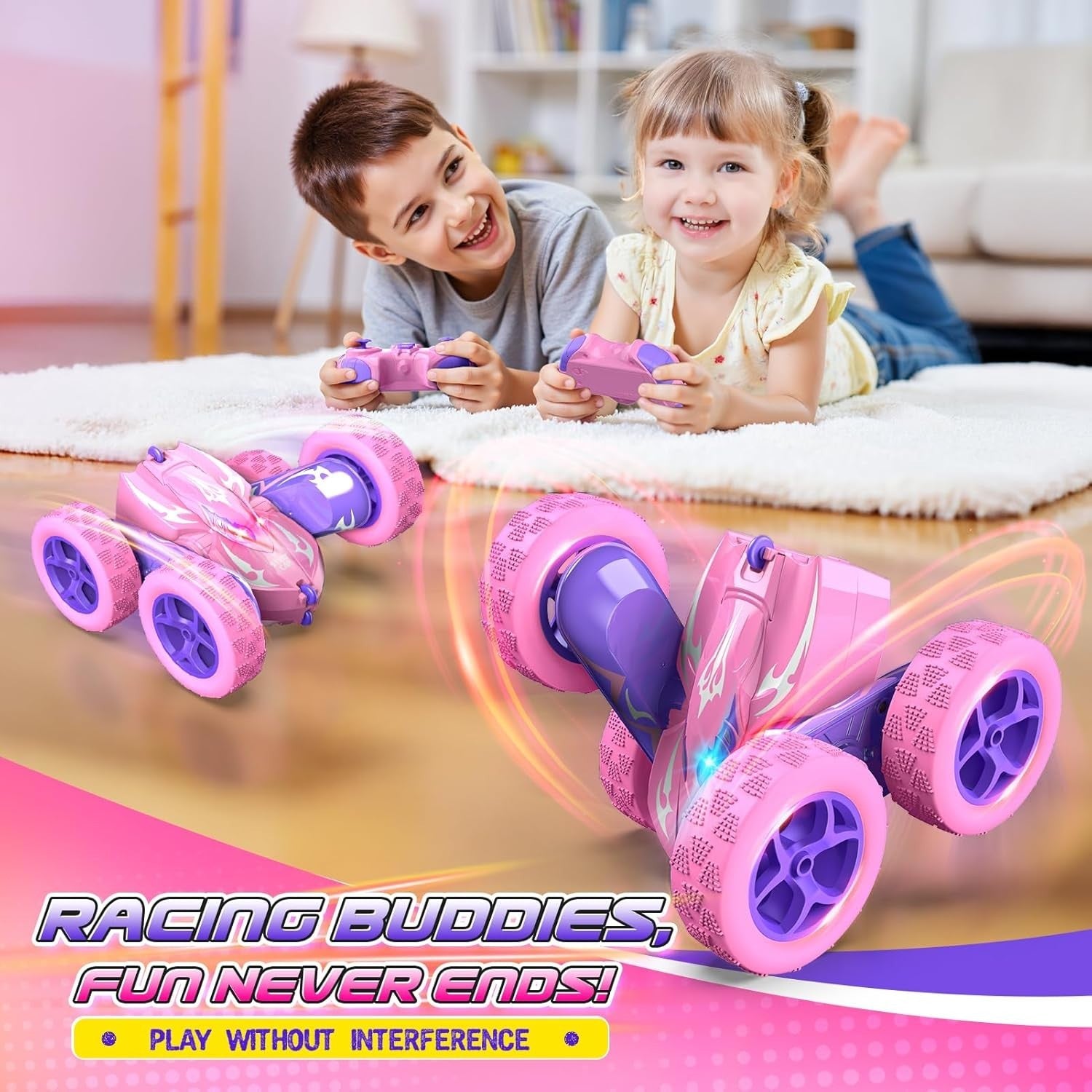 Pink RC Stunt Car 4WD 360° Flip LED Rechargeable Toy for Girls Age 3–9