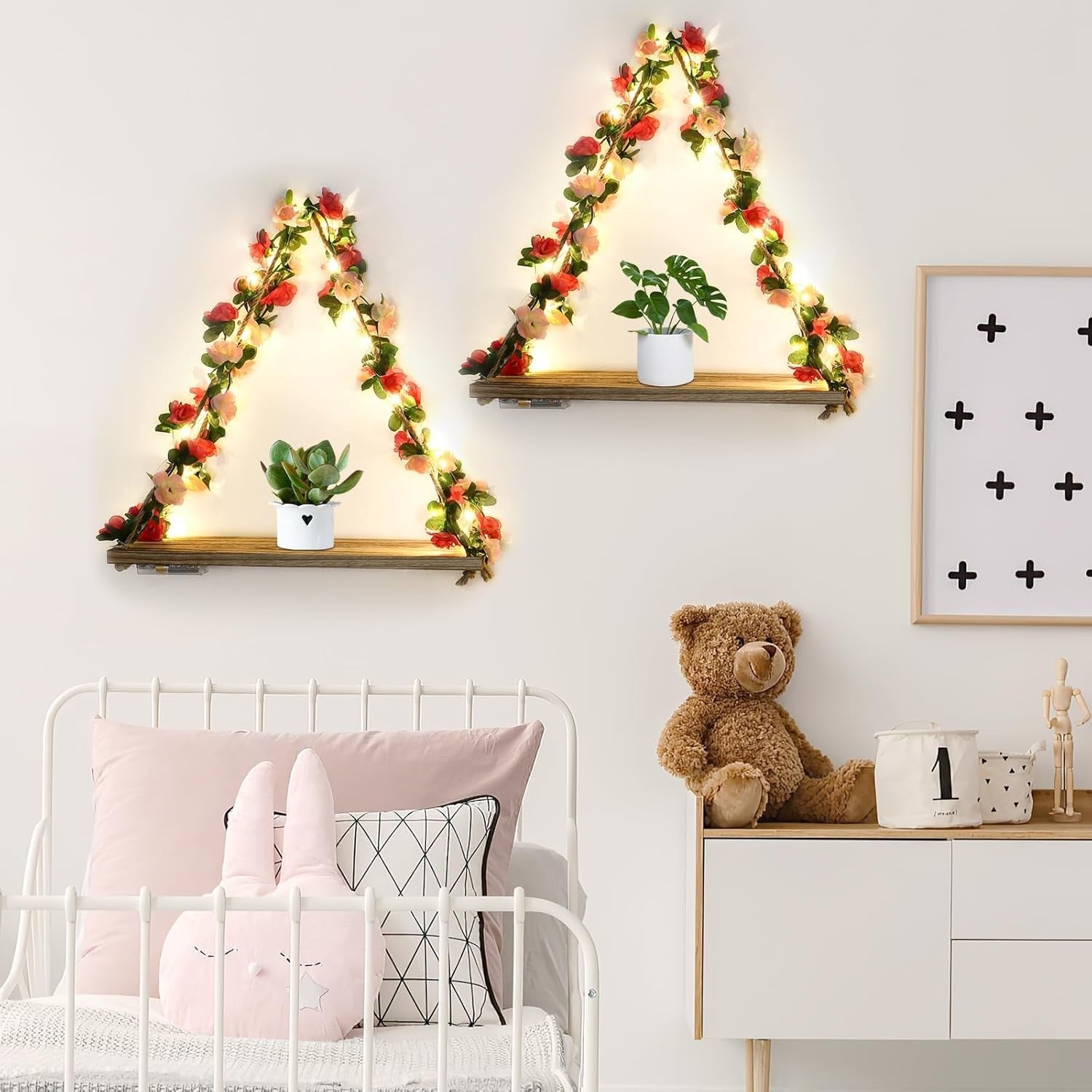 Boho Macrame Hanging Shelves LED Wall Decor Rustic Wood