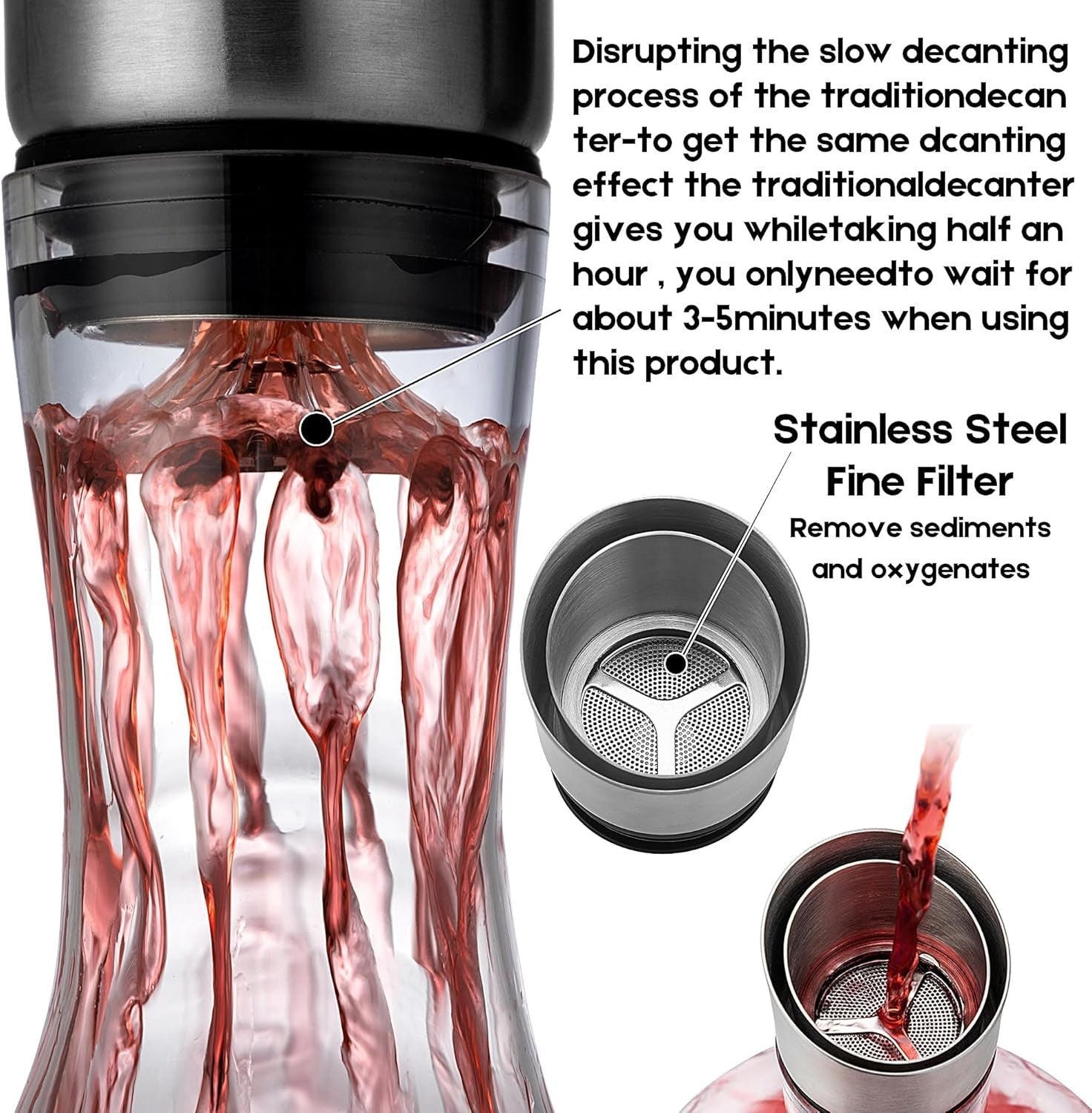 750ml Crystal Wine Decanter with Built-In Aerator Stainless Steel Lid Gift Set