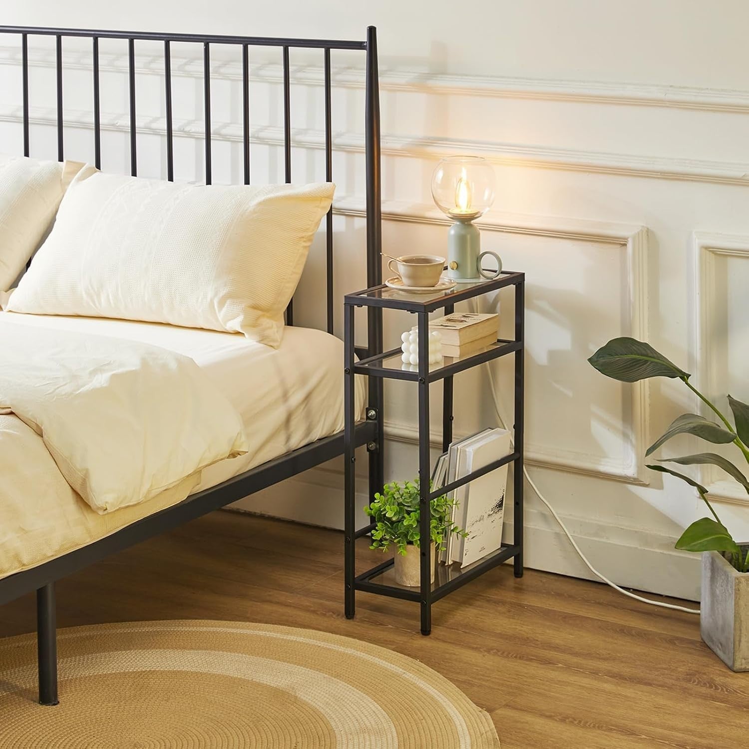 Slim Glass Side Table 3 Tier Narrow Black End Shelf for Sofa Bed Small Space
