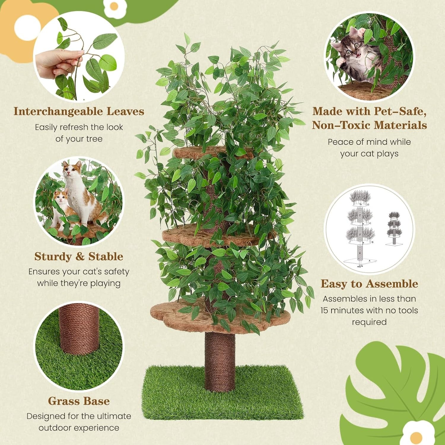 150cm Cat Tree Tower Scratching Post With Simulated Ficus Leaves Indoor