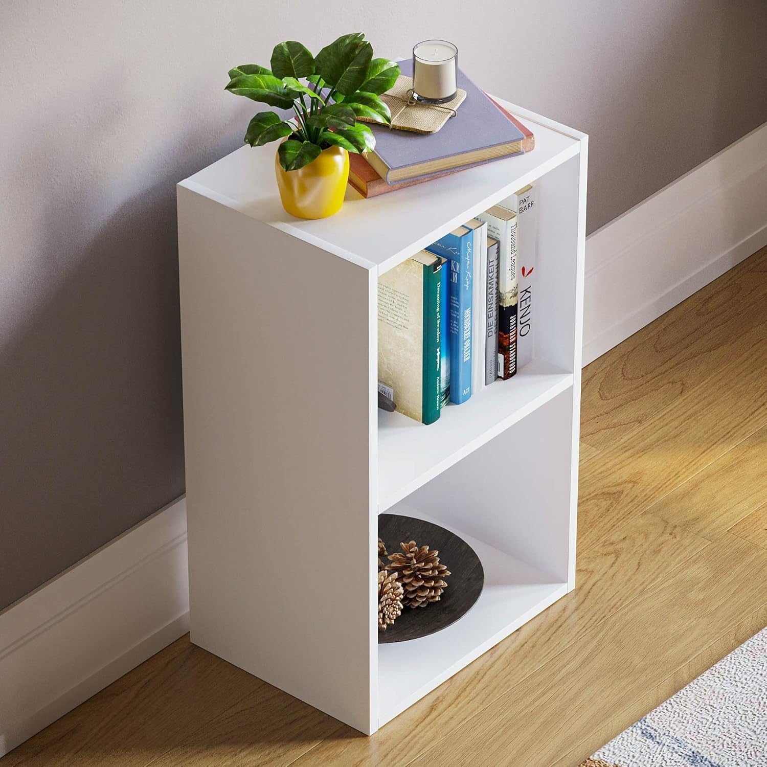 2 Tier White Wooden Cube Bookcase Small Storage Shelf for Living Room Office