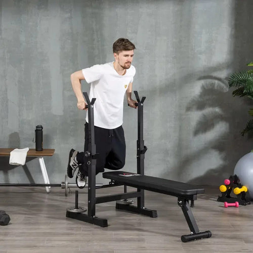 Adjustable Foldable Weight Bench w/ Barbell Rack Dip Station Home Gym