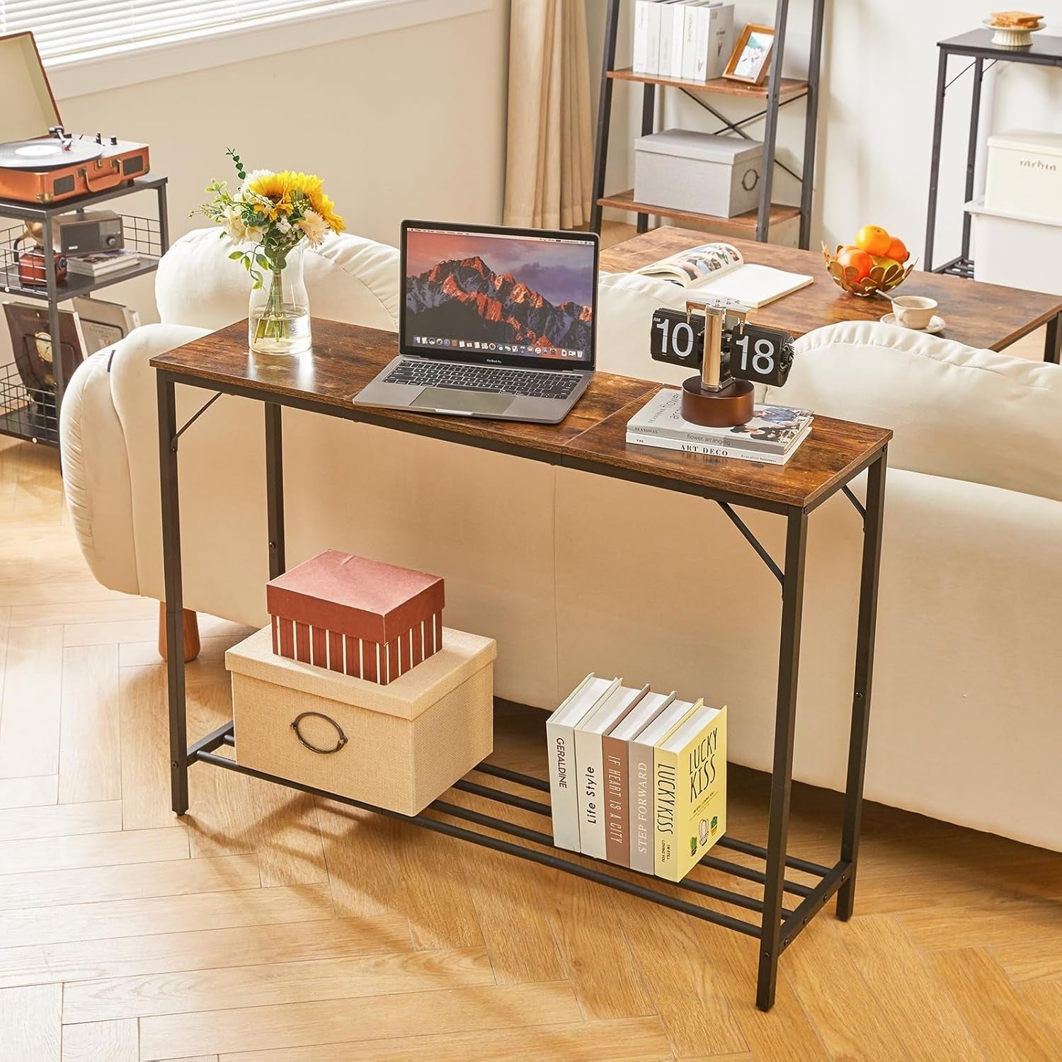 Rustic Brown Slim Console Table 107cm Metal Frame Sofa Hallway Table