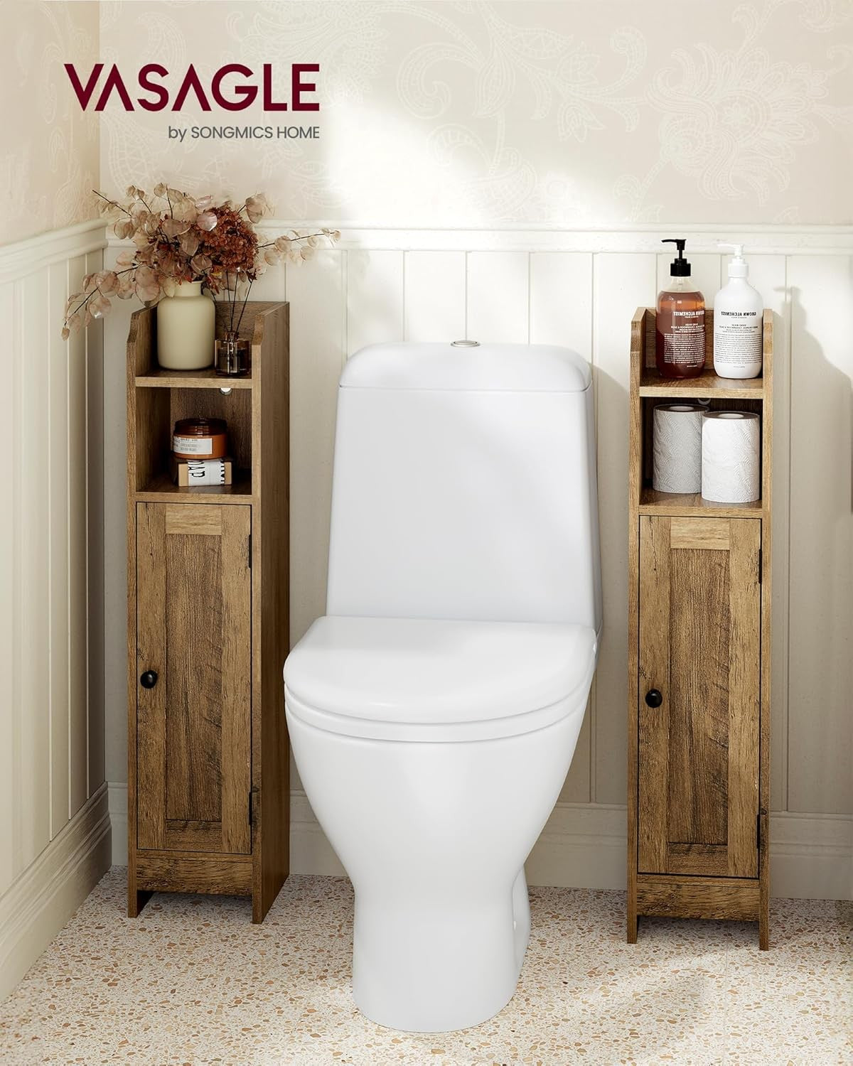 Slim Honey Brown Bathroom Storage Cabinet with Door, Adjustable Shelf & Narrow