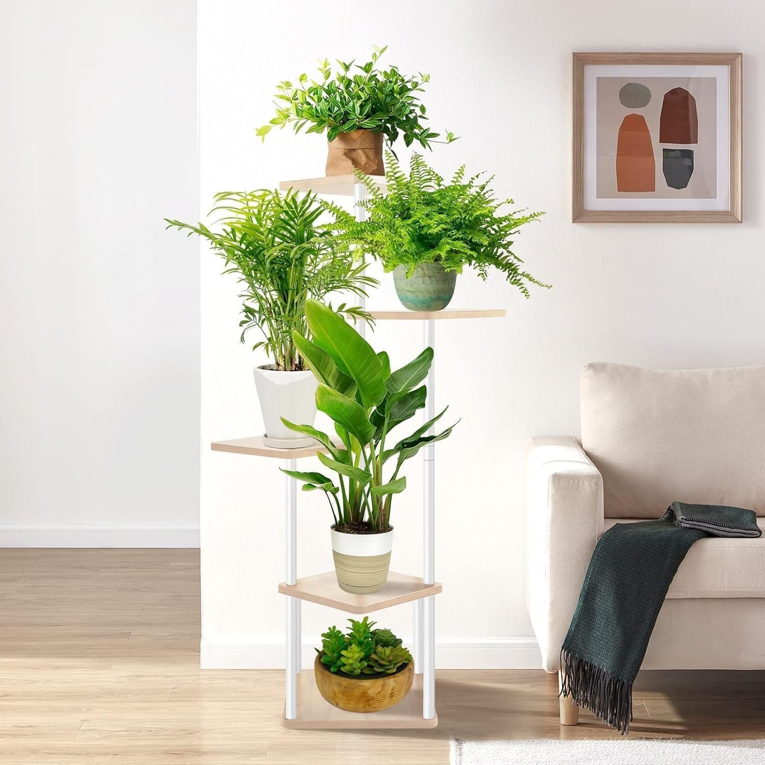 5 Tier Tall Indoor Plant Stand 106cm Wood Metal Flower Pot Shelf for Home Garden