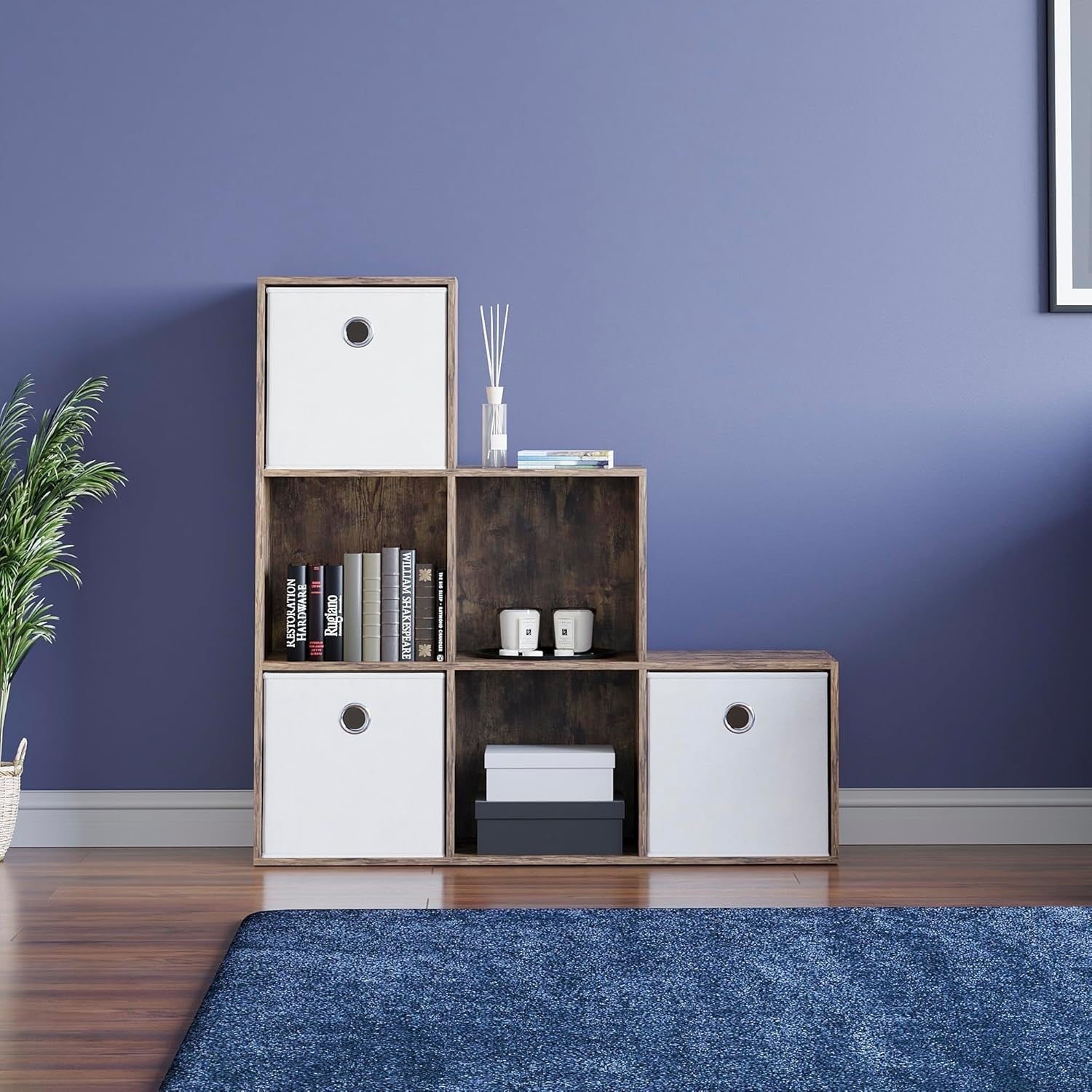 Dark Wood 6 Cube Staircase Storage Unit with 3 Baskets – Bookcase Shelf
