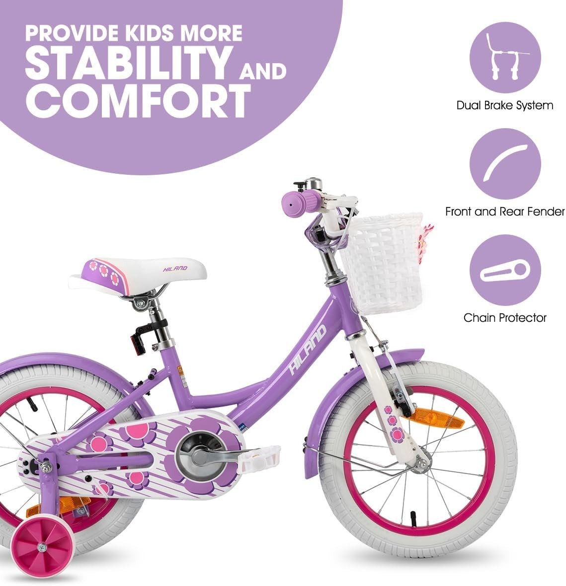 14 Inch Girls Bike with Stabilisers Basket Dual Brakes Bicycle Age 3-5