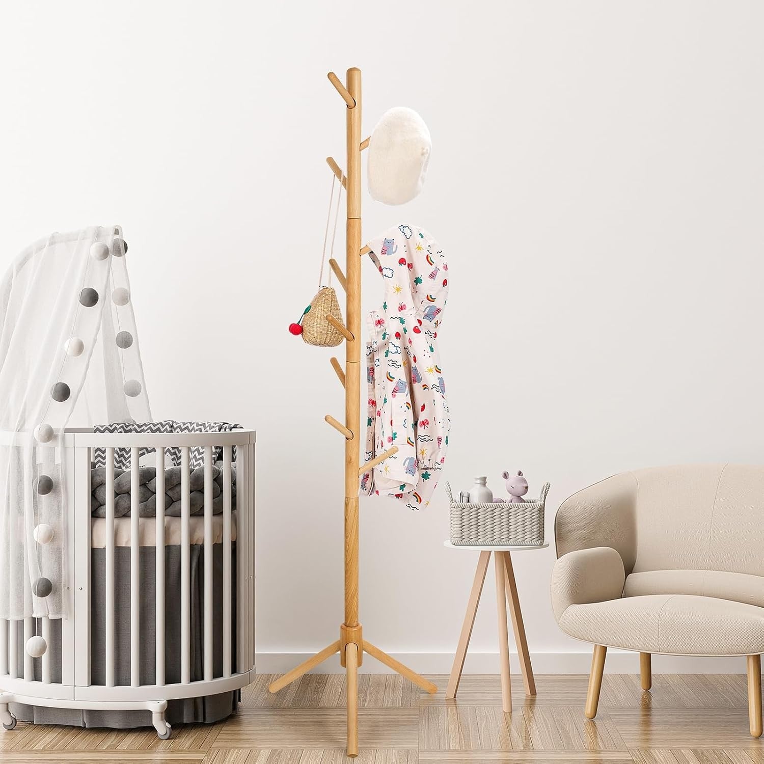 Kids Adjustable Wooden Coat Stand | 9 Hook Beech Wood Freestanding Rack