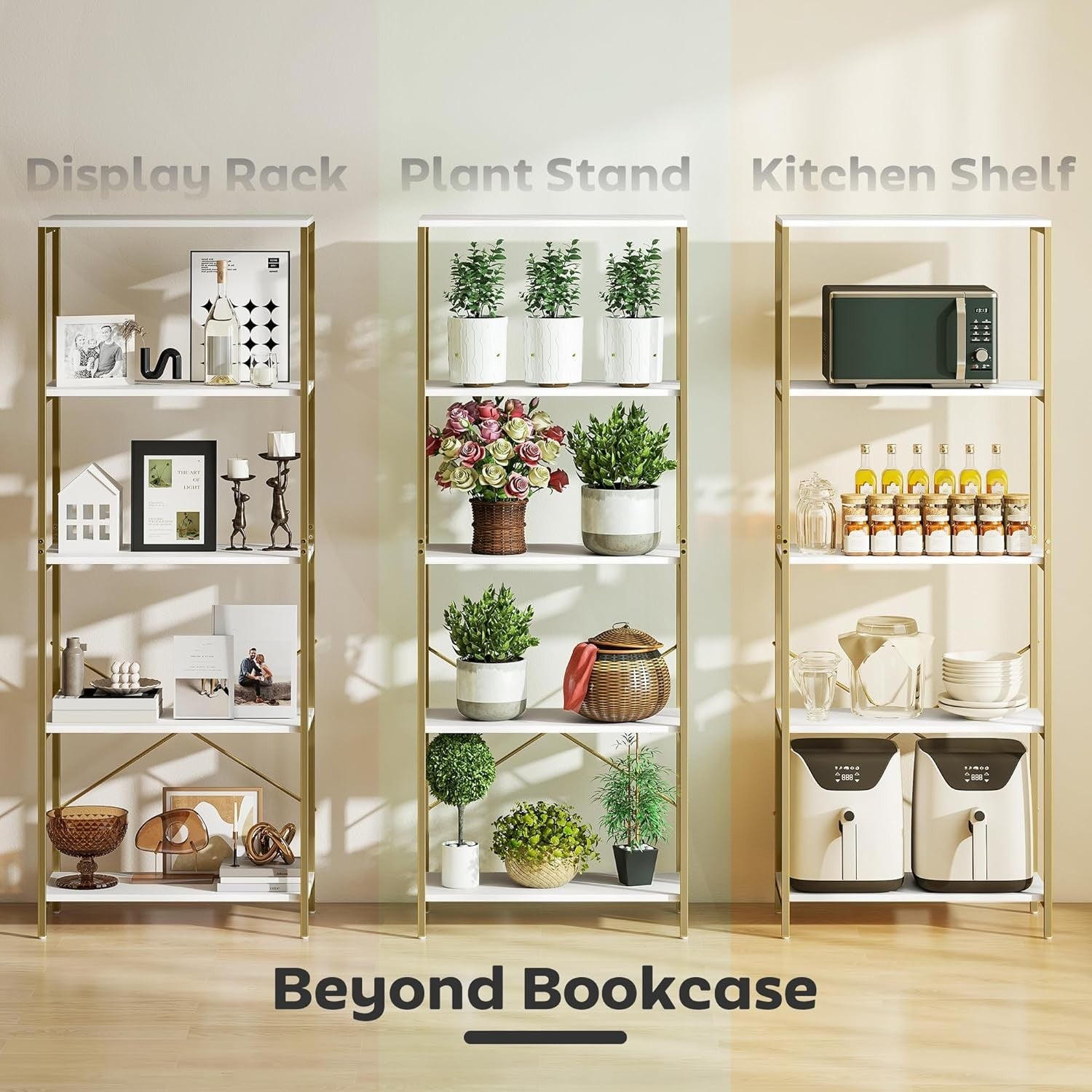 White & Gold 5-Tier Modern Bookcase Tall Metal Frame Open Display Shelf Unit