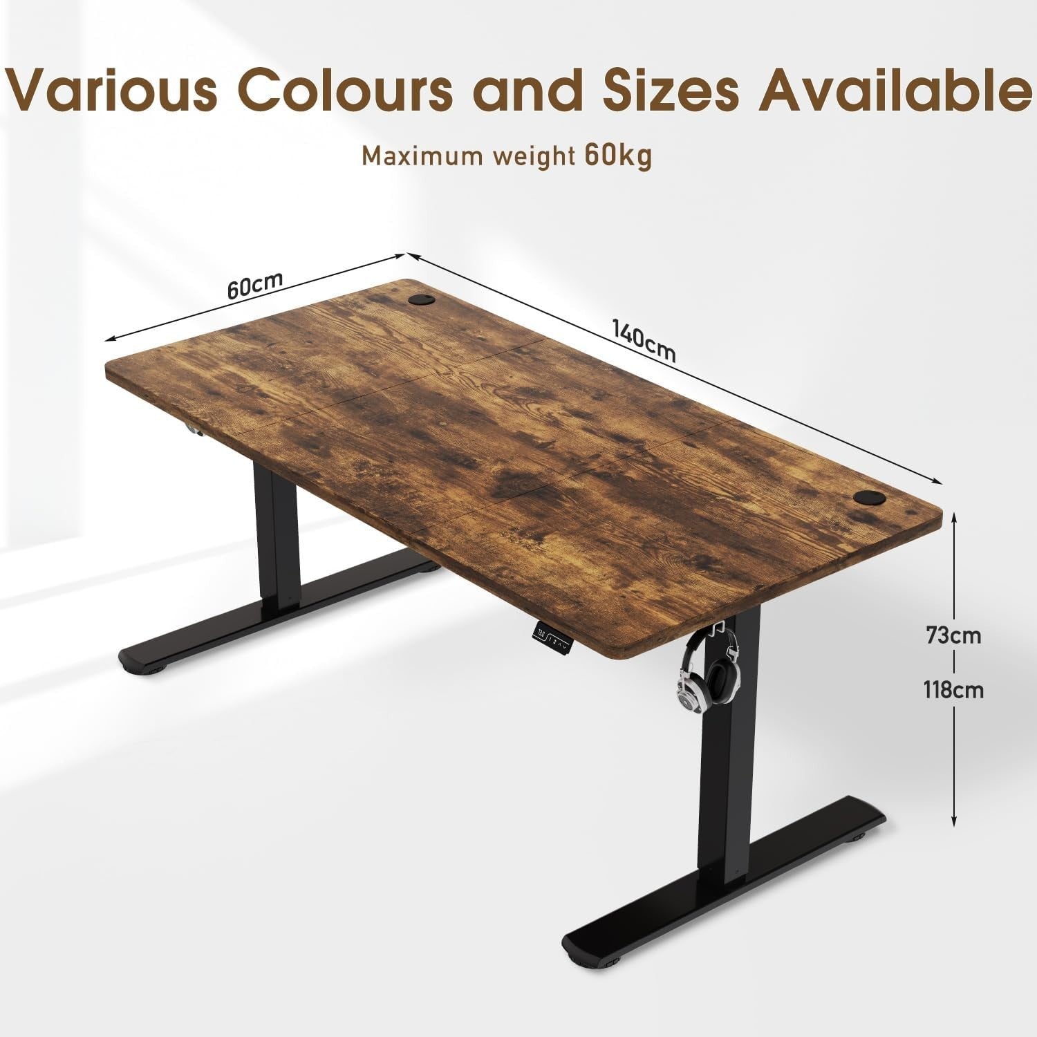 Rustic Brown Electric Standing Desk 140x60cm Adjustable Home Office Table