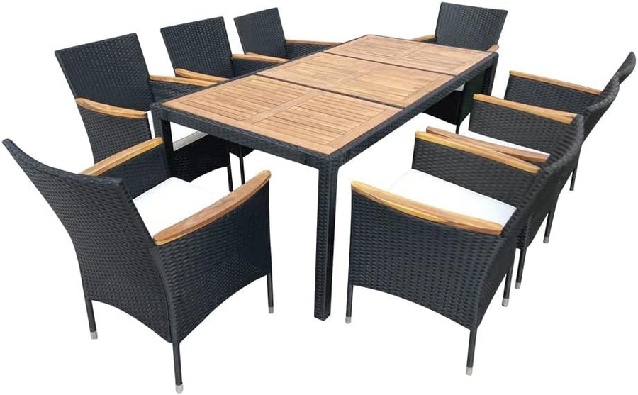 Outdoor Rattan Dining Set 9-Piece Wood Table Stackable Chairs Garden Patio