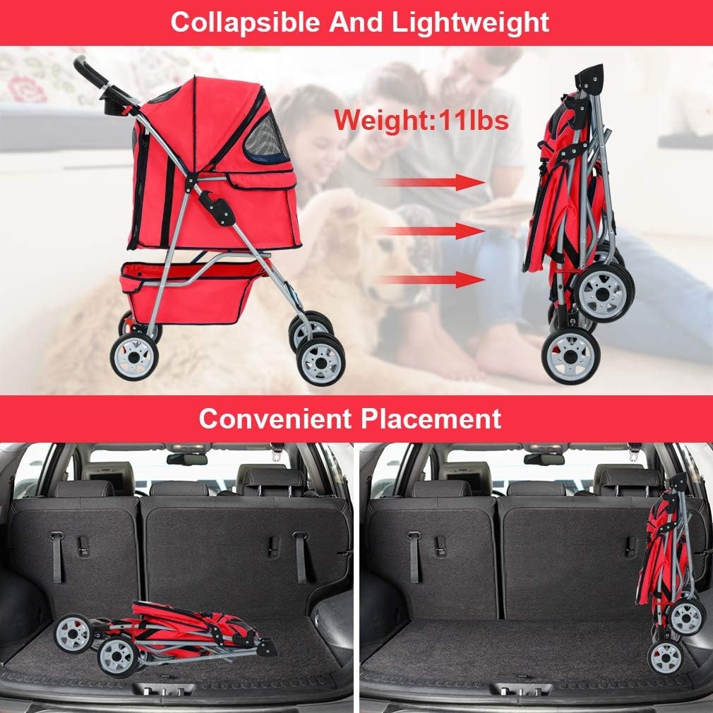 Pet Stroller Dog Cat Pushchair 4 Wheel Foldable Travel Carrier Mesh Red