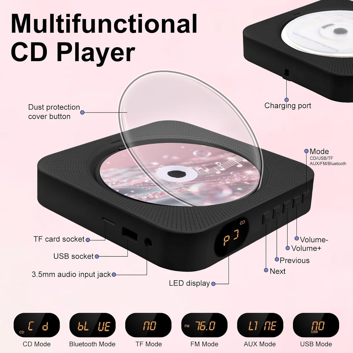 Bluetooth CD Player Boombox Wall Mount FM Radio USB AUX Remote Black