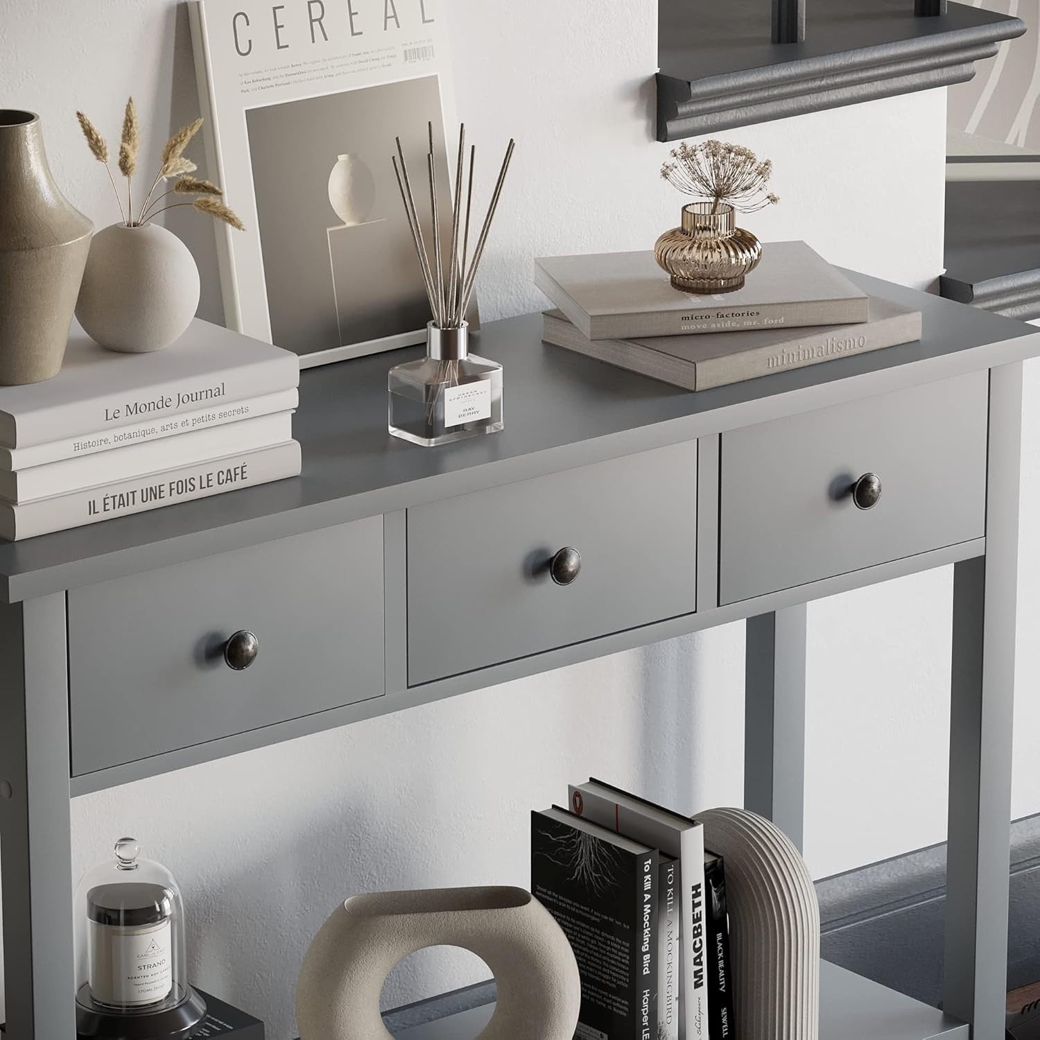 Console Table with 3 Drawers & Undershelf – Spacious Storage, Stylish Grey