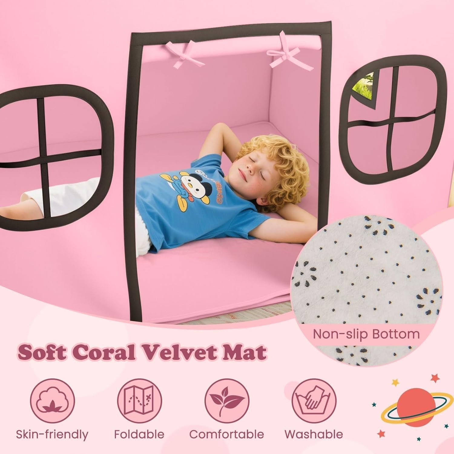 Pink Grey Kids Fairy Play Tent Indoor w Star Lights Mat Storage