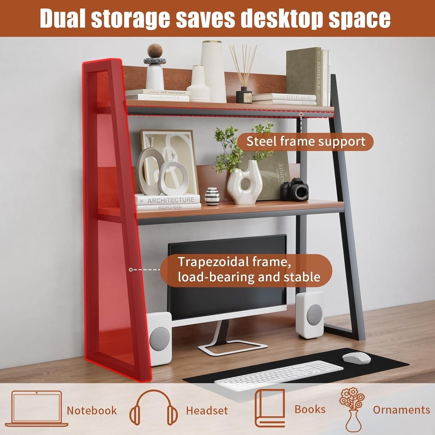 55cm Desktop Hutch 2-Tier Ladder Shelf Organizer Wooden Display Rack Brown