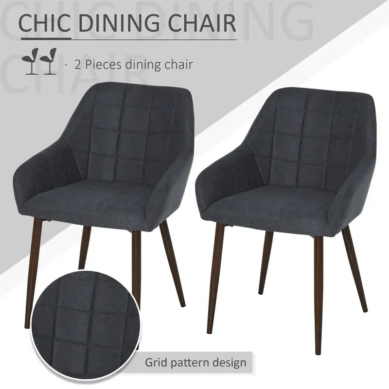 2x Grey Dining Chairs Linen-Fabric Padded Armchairs Steel Legs Modern