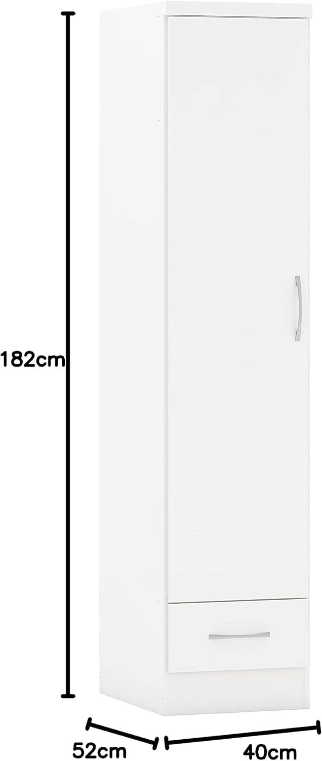 White Gloss 1 Door 1 Drawer Slim Wardrobe – Modern Bedroom Storage