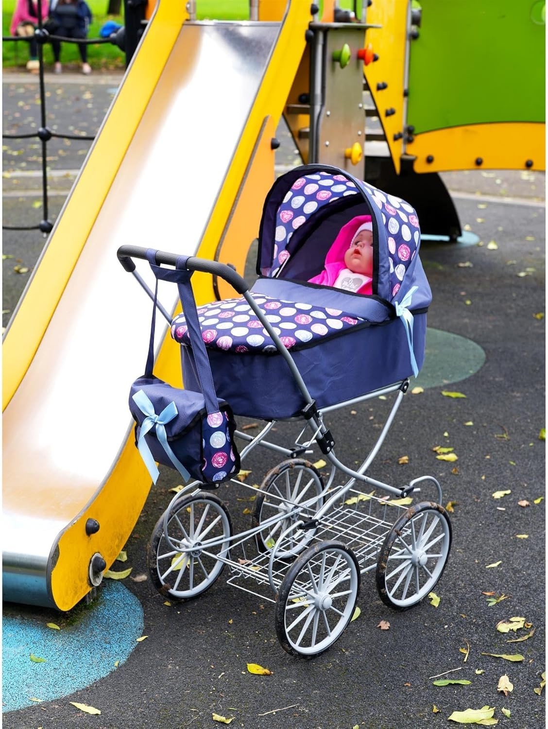 Blue Doll Pram Pushchair with Cot Adjustable Hood Basket Bag