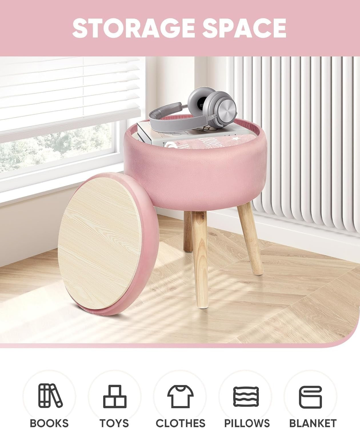 Pink Velvet Round Storage Ottoman Stool Flip-Top Footrest Coffee Table Seat