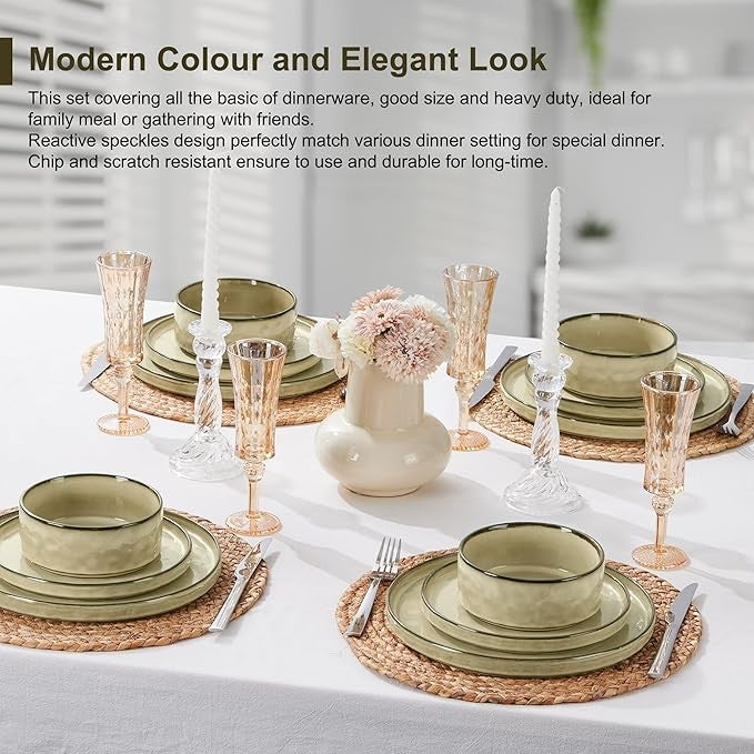 12 Piece Stoneware Dinner Set for 4 Reactive Glaze Plates Bowls Beige
