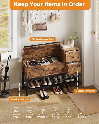2-Tier Shoe Storage Bench with Drawers & Removable Cushion, Vintage Brown