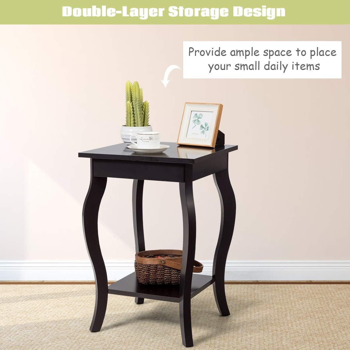 Set of 2 Coffee Brown Wooden Bedside Tables – Modern 2-Tier Side Tables 40×40×60
