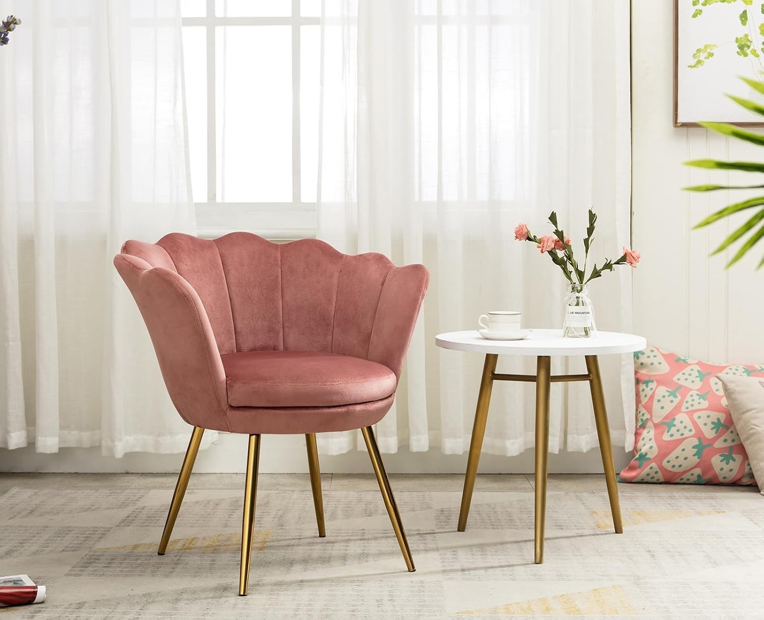 Pink Velvet Lounge Chair Gold Legs | Petal Back Armchair for Bedroom