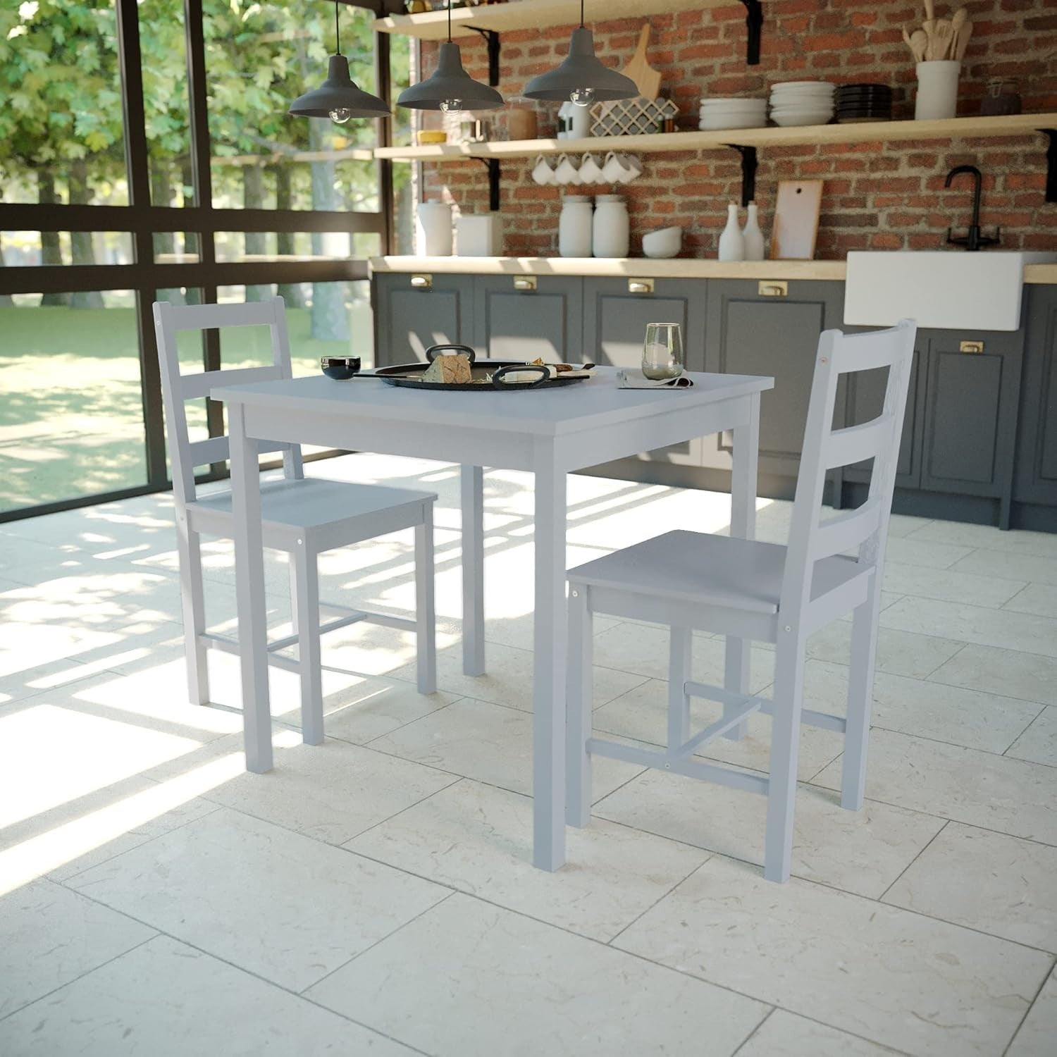 2 Seater Grey Dining Table Set | Compact Kitchen Table with Chairs Space-Saving