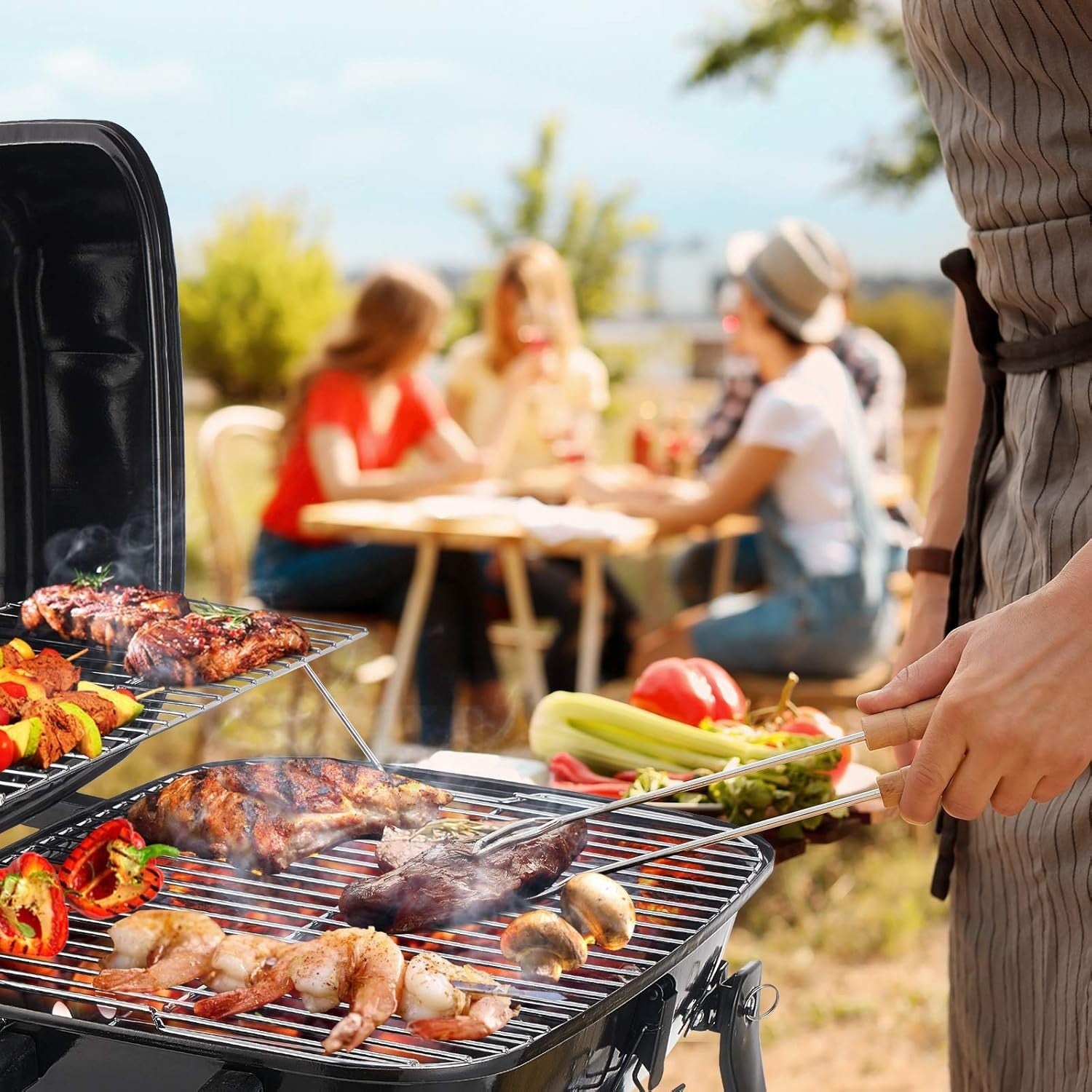 Portable Charcoal BBQ Grill with Lid & Folding Legs | Tabletop Outdoor Smoker